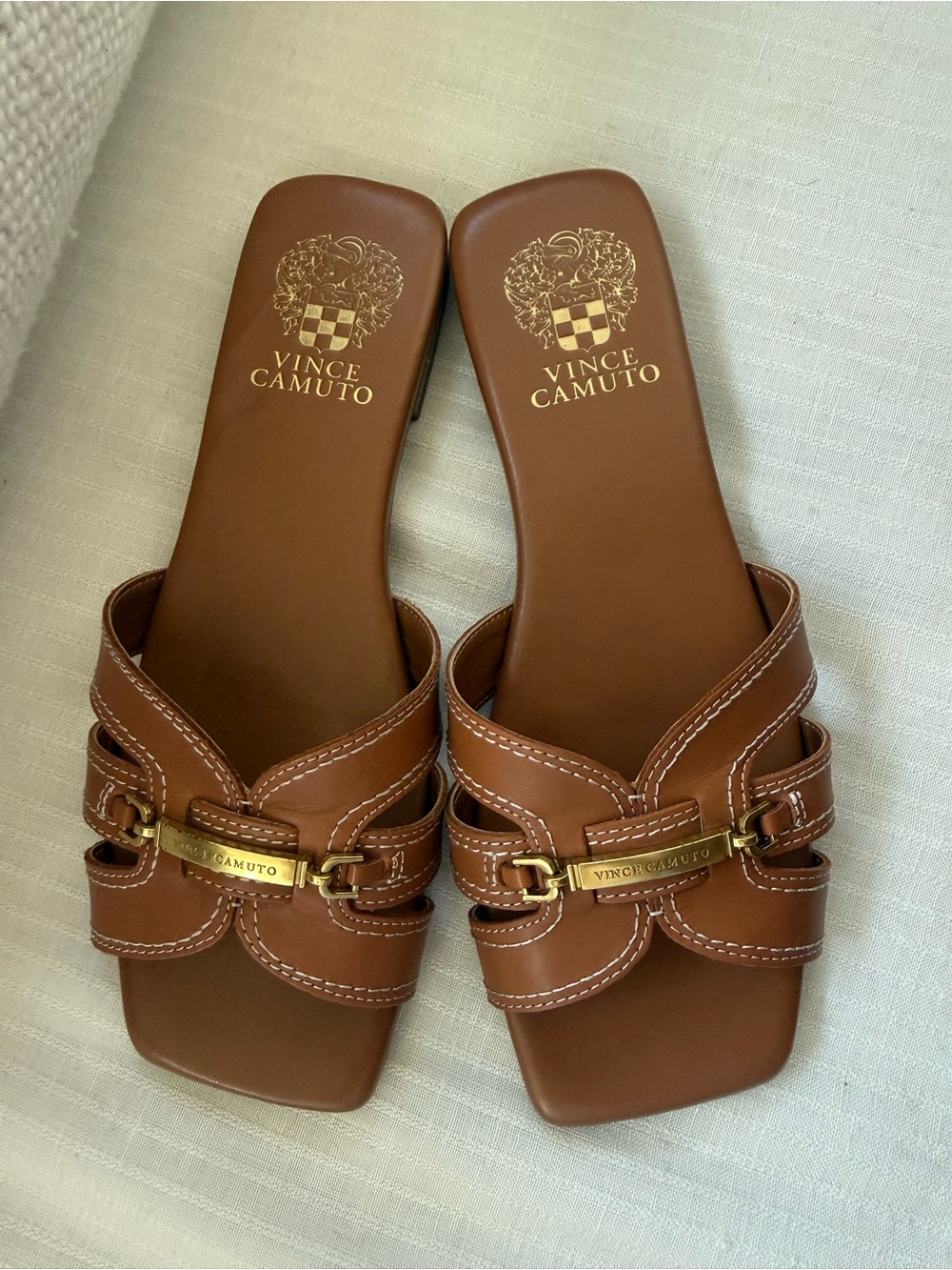 Vince Camuto Brown Leather Slide Mules with Gold Plaque